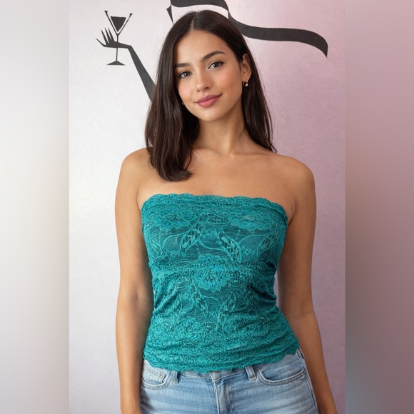 le chateau Tops - Teal Floral Lace Strapless Bandeau Top | Y2K Going Out Party Top. PTP 14